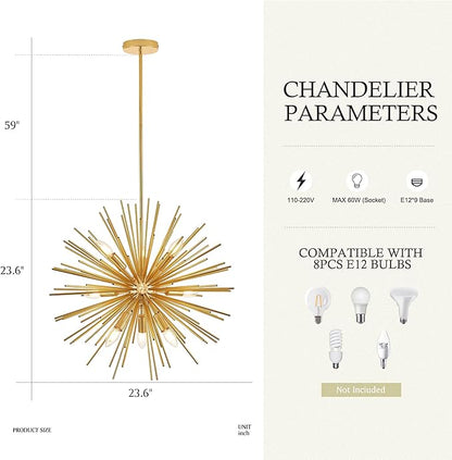 24" Gold Sputnik Chandelier 9-Light, Mid Century Modern Starburst Ceiling Light with Adjustable Chain, Industrial Globe Pendant Light Fixture for Dining Room Kitchen Island Living Room Foyer Entryway