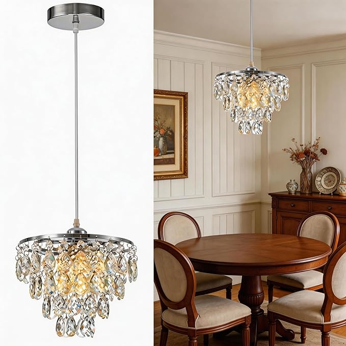 Mini Crystal Chandelier Small Modern Crystal Flush Mount Ceiling Light for Hallway Closet, E26 Base, K9 Crystal (Chrome-Pendant)