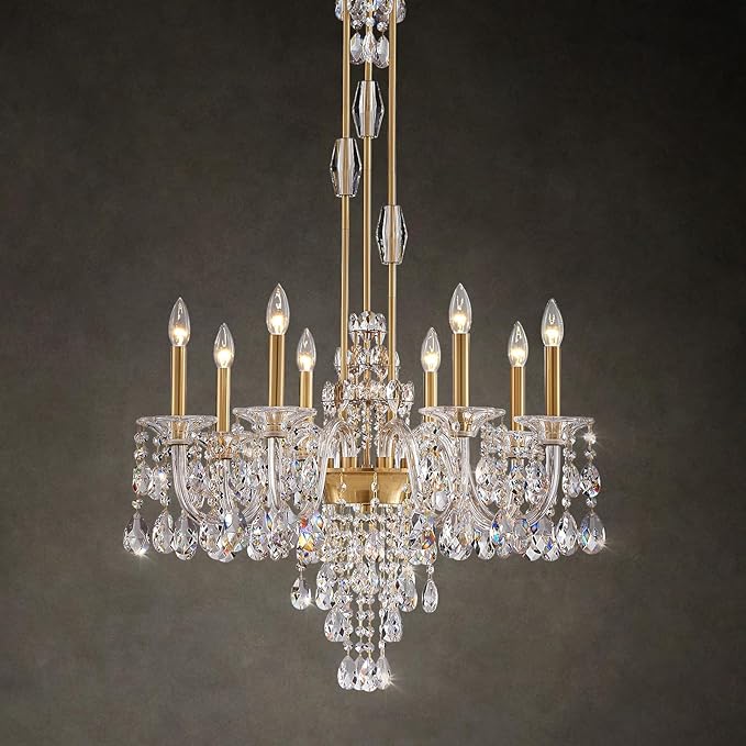 8-Light Crystal Candle Chandelier, Brass Gold Chandelier for Dining Room, Entryway & Living Room, Adjustable Height, E12 Base