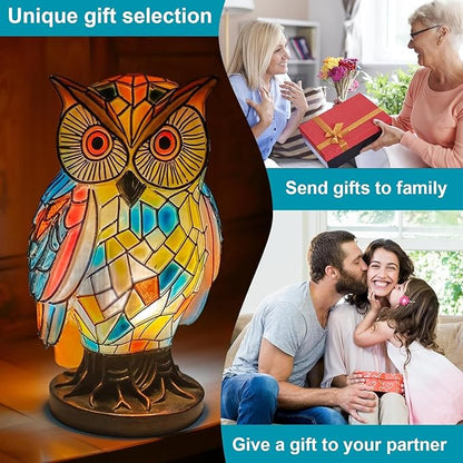 Owl Lamp Tiffany Style Stained Vintage Resin Colorful Tiffany Owl Table Lamps for Bedroom Living Room Nursery Office, Whimsical Animal Desk Lamp, Birthday Gifts for Girl Mother Grandmother Woman.