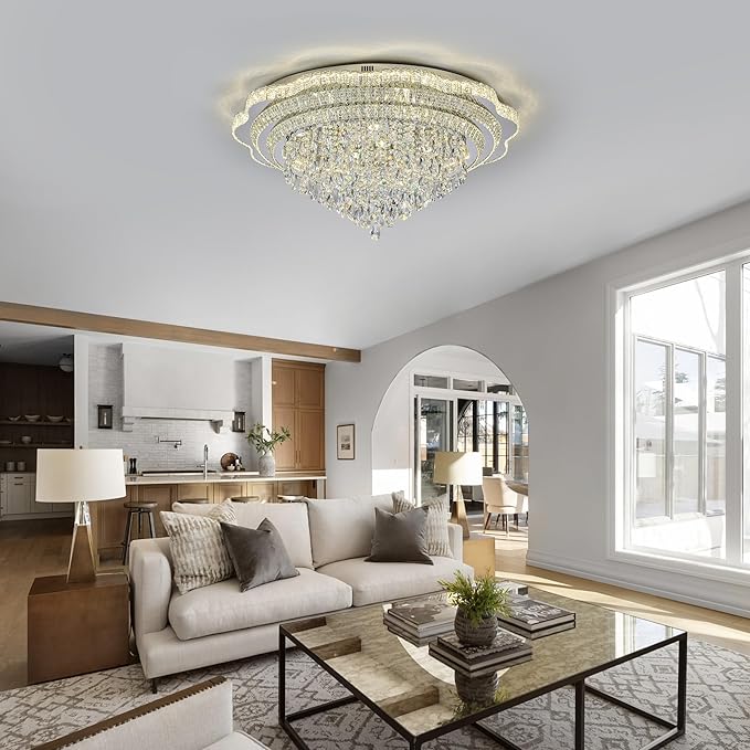 40" Sliver Crystal LED Ceiling Light Fixture with Remote Control,Large Flush Mount Chandelier with 3-Color Dimmable for Living Room Bedroom Dining Room