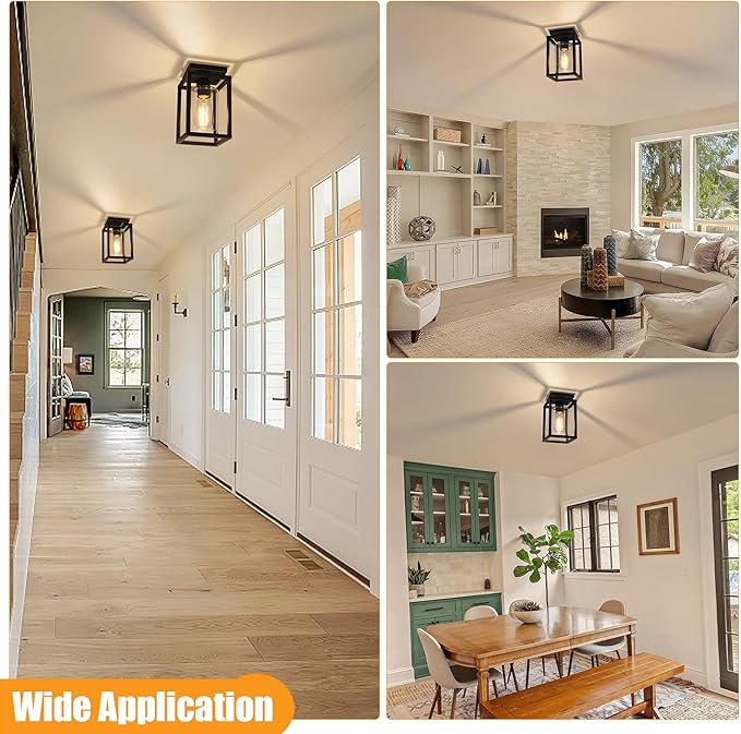Baocuz 2 Pack Semi Flush Mount Ceiling Light Fixture, Black Metal Frame Porch Ceiling Light Fixture with Clear Glass Shade and E26 Ceramic Base, Farmhouse Light Fixtures for Kitchen Entryway Foyer