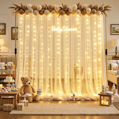 10×15ft Champagne Tulle Backdrop Curtain with Lights String for Parites Sheer Fabric Backdrop Curtains for Wedding Baby Shower Birthday Party Backdrop Drapes Bridal Shower Photo Shoot Background