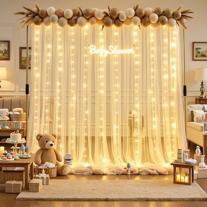 10×12ft Champagne Tulle Backdrop Curtain with Lights String for Parites Sheer Fabric Backdrop Curtains for Wedding Baby Shower Birthday Party Backdrop Drapes Bridal Shower Photo Shoot Background