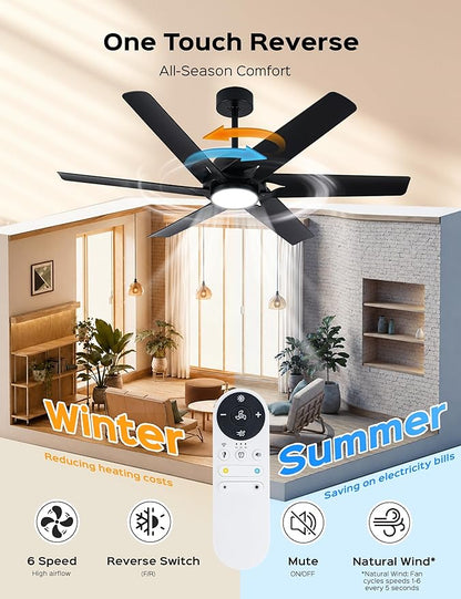 52 Inch Smart Ceiling Fan with LED Lights and WiFi Alexa APP Remote,Modern Black Ceiling Fan with ABS Blades,3CCT,6 Speed,Quiet Reversible DC Motor Indoor Outdoor Fan for Patio,Garage,Bedroom