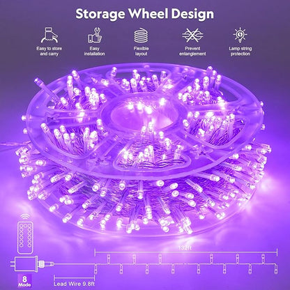 JMEXSUSS 400 LED Purple Christmas Lights Indoor Outdoor, 132 ft String Lights Plug in with Remote, 8 Modes Purple Christmas Tree Lights for Garden Patio Party Christmas Decoration (Pack of 2)