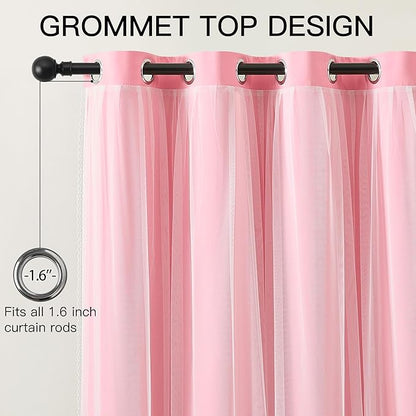 XiDi Pink Curtains Blackout 84 Inches Long for Girls Bedroom Living Room 2 Panels Grommet Thermal Insulated Double Layer Cute Girly Nursery Curtains with Sheer Overlay for Kids Princess W52XL84
