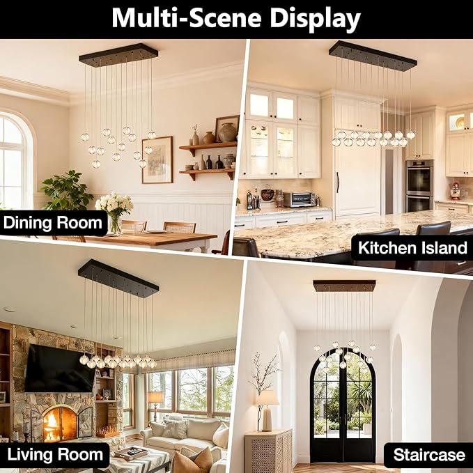 14 Lights Black Raindrop Rectangle Chandelier, Modern Bubble Crystal Chandelier for Dining Room, Large Pendant Light for High Ceilings Staircase Foyer Entryway Living Room Kitchen Island