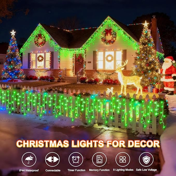 KNONEW Christmas Lights Outdoor Decorations 400 LED 33ft 8 Modes Curtain Fairy String Light with 75 Drops, Clear Wire LED String Light Indoor Decor for Wedding