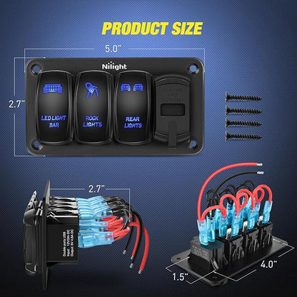 Nilight 3 Gang Rocker Switch Aluminum 12V 24V Laser Toggle Panel Blue PD Type C USB Charger Voltmeter LED Light Bar Rock/Rear Lights for Car Truck Boat RV