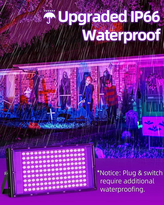 THECHAM 150W LED Black Lights IP66 Waterproof Black Light Outdoor with 10ft Plug+Switch, Flood Blacklight for Halloween Glow in The Dark Party Stage Light Neon Glow Birthday 2 Pack