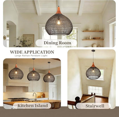Large Black Rattan Pendant Light, 20" Rattan Chandelier Hand-Woven Wicker Pendant Light Fixtures with Solid Wood, Basket Hanging Lighting for Dining Room Kitchen Island Living Room
