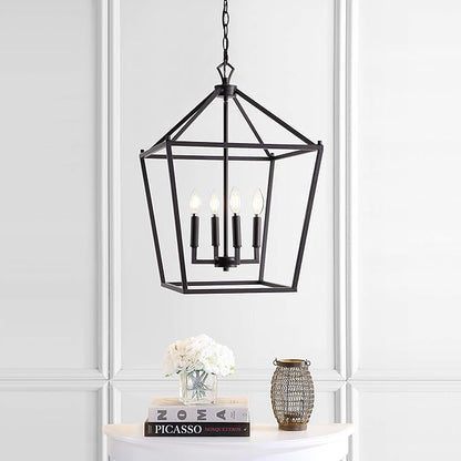 JONATHAN Y 16" Oil Rubbed Bronze Lantern Pendant Light, 4-Light Pagoda Style Metal Cage Farmhouse Hanging Ceiling Fixture for Kitchen Island, LED Bulb Included (JYL7437A)
