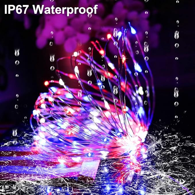 Memorial Day 4th of July Patriotic Decorations, Red White Blue Solar Fairy String Lights Outdoor Waterproof, 2Pack Total 200LED 66Ft, IP67 8 Modes Outside for Garden, Patio, Yard