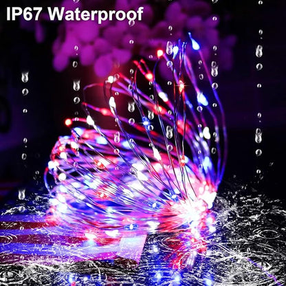Memorial Day 4th of July Patriotic Decorations, Red White Blue Solar Fairy String Lights Outdoor Waterproof, 2Pack Total 200LED 66Ft, IP67 8 Modes Outside for Garden, Patio, Yard