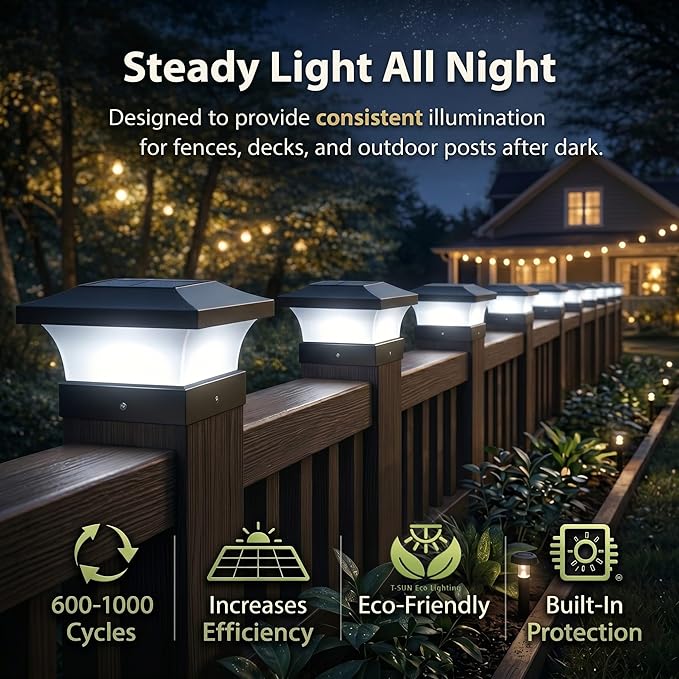 T-SUN Solar Post Cap Lights 4 Pack for 4x4, 5x5 & 6x6 Posts, 6500K Cool White, Waterproof Dusk to Dawn LED Deck & Fence Post Lights, Eco-Friendly & Sustainable, Made with Recycled Materials