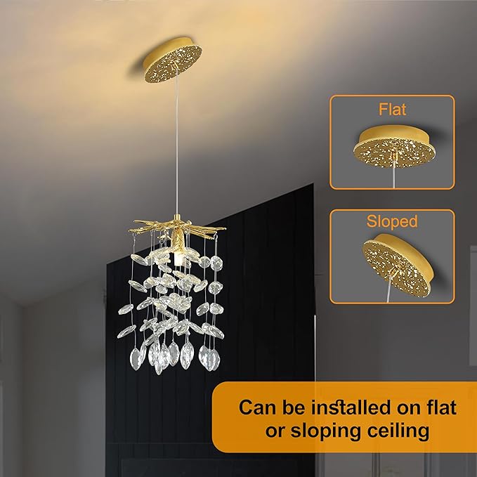 Modern K9 Crystal Tree Branches Chandelier, 8.6in Gold 1 Lights Large Ceiling Hanging Light for Dining Room, Round Tassel Ceiling Hanging