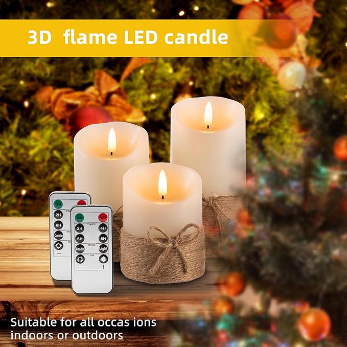 AKU TONPA Flameless Candles Battery Operated Pillar Real Wax Electric LED Candle Gift Set with Remote Control and Timer, 4" 5" 6" Pack of 3, Ivory Wax with Hemp Rope
