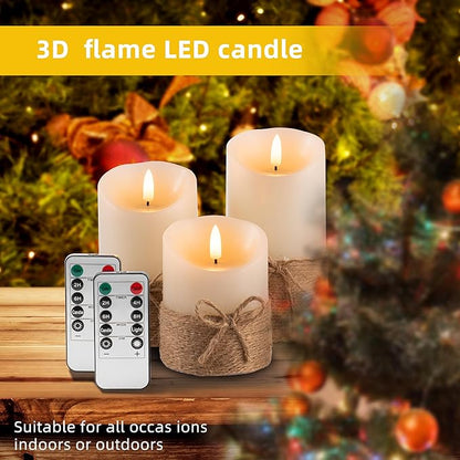 AKU TONPA Flameless Candles Battery Operated Pillar Real Wax Electric LED Candle Gift Set with Remote Control and Timer, 4" 5" 6" Pack of 3, Ivory Wax with Hemp Rope