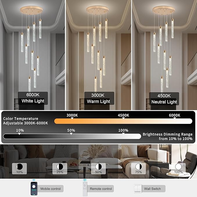 Crystal Staircase Chandelier, Modern Gold Spiral Dimmable LED Cluster Raindrop Foyer Chandelier Lighting, Bubble Living Room Hanging Light Fixture 9 Light Remote Control