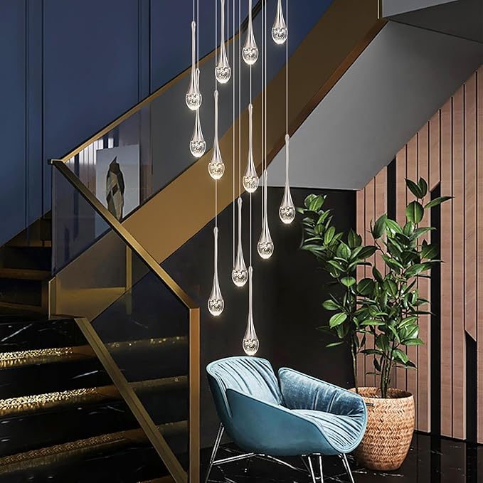 Modern Crystal Staircase Chandelier Polished Chrome 12-Lights, H120'' Large High Ceiling Spiral Dimmable LED Raindrop Foyer Entryway Light Fixture Remote Control