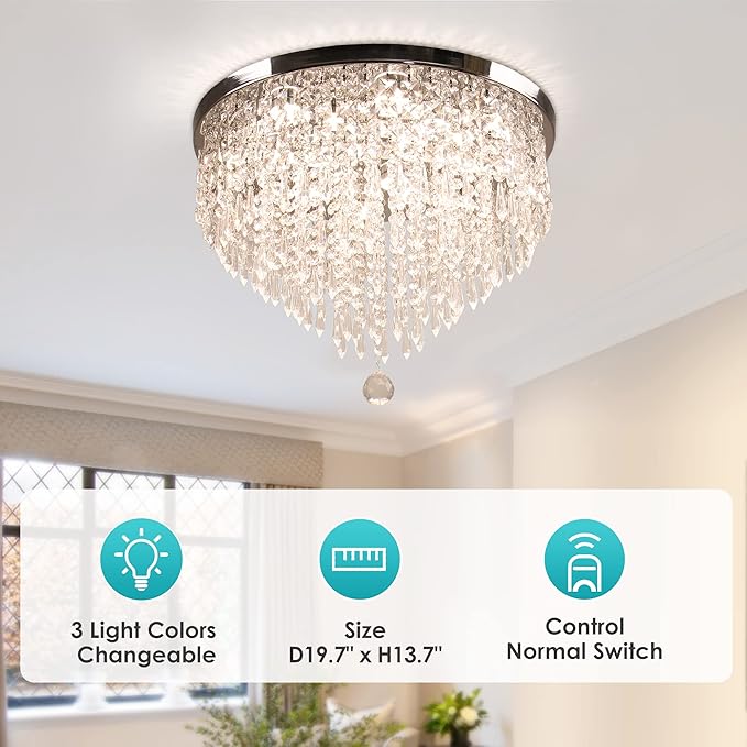 Modern 19.7" Crystal LED Ceiling Light with Remote Control, Flush Mount Chandelier, Dimmable & 3 CCT, 5-Tier K9 Crystal, Chrome Finish for Living Room Bedroom Dining Room