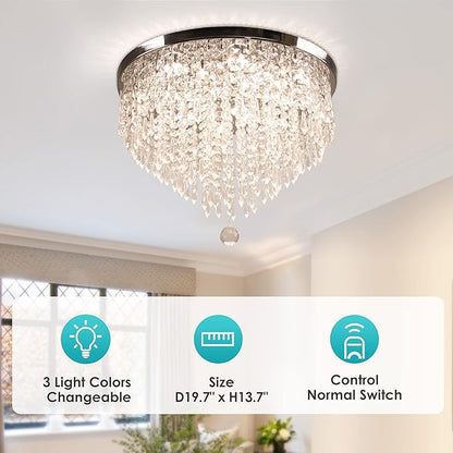 Modern 19.7" Crystal LED Ceiling Light with Remote Control, Flush Mount Chandelier, Dimmable & 3 CCT, 5-Tier K9 Crystal, Chrome Finish for Living Room Bedroom Dining Room
