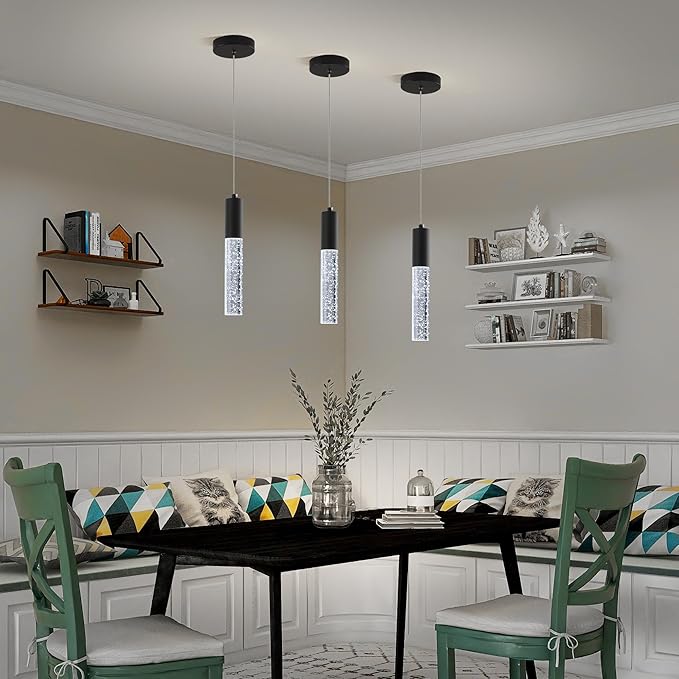 3-Pack Modern Crystal Pendant Light for Kitchen Island, Elegant Black LED Bubble Hanging Chandelier Lighting Fixture for Dining Room Bedside
