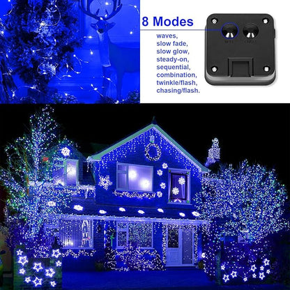 Blue Solar Christmas String Lights Outdoor Waterproof, 2Pack Total 200Led 66Ft 8 Modes Copper Fairy Lights for Halloween Garden, Patio, Fence, Balcony, Outdoors