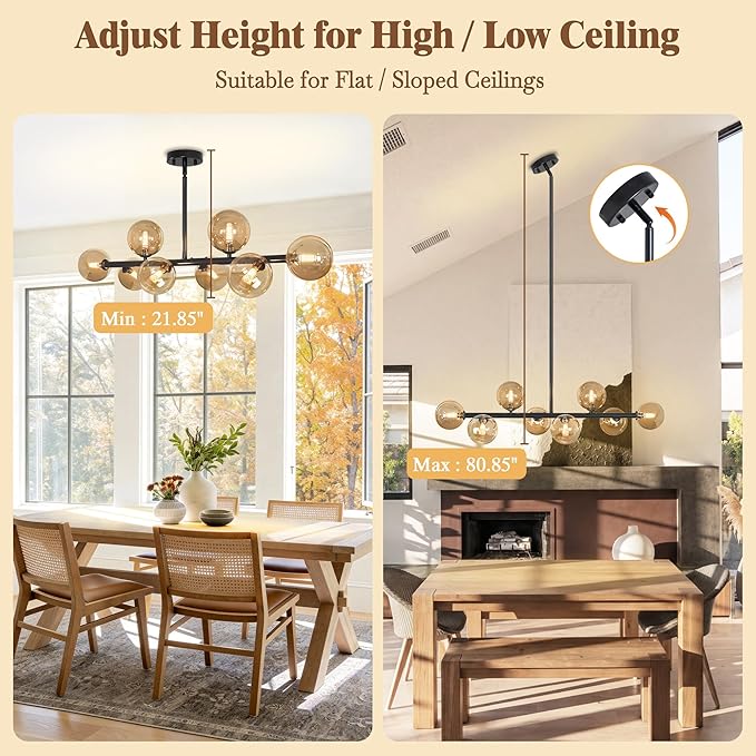 Linear Chandeliers for Dining Room, 8-Light Black Sputnik Chandeliers Modern Chandelier Linear Dining Room Light Fixture Mid Century Ameber Glass Globe Chandelier for Kitchen Island Living Room 37inch