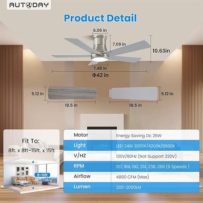 42 Inch Low Profile Ceiling Fan with Light, Burshed Nickel Ceiling Fans with Lights and Remote, Flush Mount, 6 Speeds Quiet DC, 3CCT Dimmable, Indoor Outdoor Ceiling Fans for Patios Bedroom