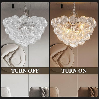 Hand Blown Glass Bubble Ball Chandelier Nickel-Plated 20" Small Pendant Lights Swirled Art Deco Cluster Ribbed Globe Blown Glass Chandeliers for Dining Room Bathroom Entry Bedroom