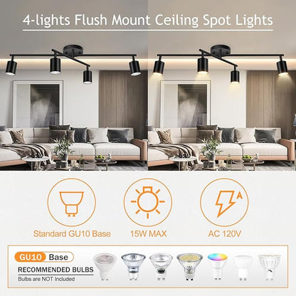 BoostArea 4 Light Track Lighting Kit, Black 4 Way Ceiling Spot Lighting, Center Swivel Track Light Heads, Flexibly Rotatable Light Head for Kitchen, Living Room, Bedroom, GU10 Bulb Not Included