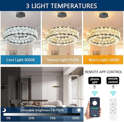 Crystal Chandeliers Modern Rings Pendant Light LED Dimmable Ceiling Light for Bedroom Dinning Room Kitchen Black