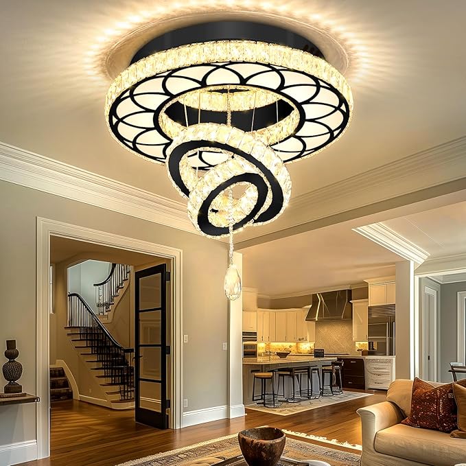 Flashing God Dia 20" Modern Crystal Chandelier Flush Mount Chandeliers LED Dimmable Bedroom Chandelier Crystal Ceiling Light for Dining Room Living Room Foyer Black