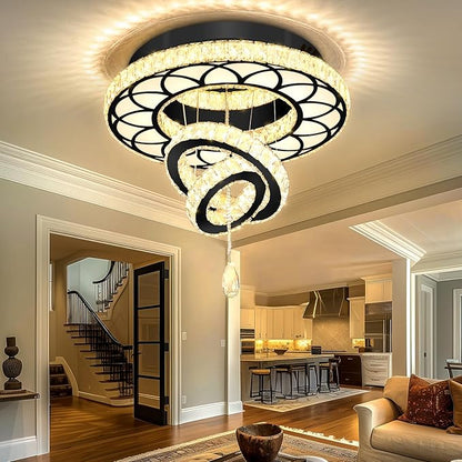 Flashing God Dia 20" Modern Crystal Chandelier Flush Mount Chandeliers LED Dimmable Bedroom Chandelier Crystal Ceiling Light for Dining Room Living Room Foyer Black