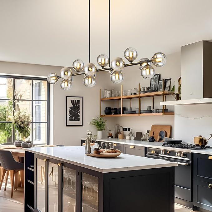 Chandelier,16-Light Black Linear Chandeliers for Dining Room Light 55inch Modern Linear Sputnik Chandelier Large Pendant Lights Kitchen Island Bubble Smoke Gray Glass Globe Kitchen Island Chandelier