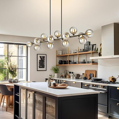 Chandelier,16-Light Black Linear Chandeliers for Dining Room Light 55inch Modern Linear Sputnik Chandelier Large Pendant Lights Kitchen Island Bubble Smoke Gray Glass Globe Kitchen Island Chandelier