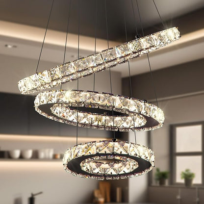 Dimmable Crystal LED Chandelier(3000-6500K) for High Ceiling – Remote Control, Adjustable Height, Modern Stainless Steel Fixture for Foyer, Staircase, Living Room(Chrome 3-Ring)