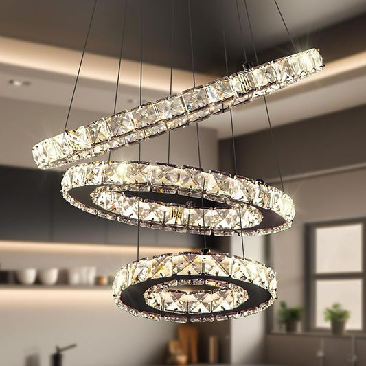 Dimmable Crystal LED Chandelier(3000-6500K) for High Ceiling – Remote Control, Adjustable Height, Modern Stainless Steel Fixture for Foyer, Staircase, Living Room(Chrome 3-Ring)