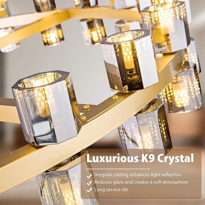 48-Light Large Gold Chandeliers for High Ceilings, 48 Inch Modern Crystal Wagon Wheel Chandelier, Farmhouse Industrial Round Chandelier Pendant Lighting Fixture for Dining Living Room Kitchen Foyer