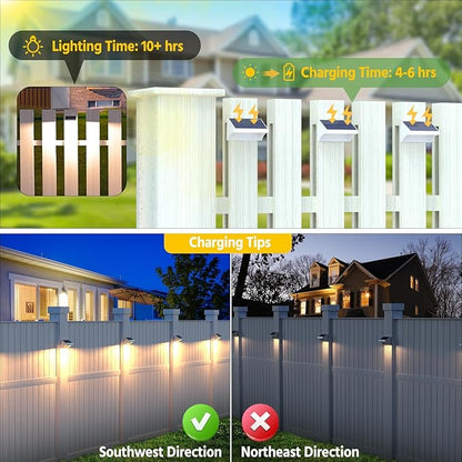 NIORSUN Outdoor Fence Lights, 10 Pack Waterproof LED Solar Fence Lights with 1500mAh Battery, Warm White/Cool White/RGB, Easy-to-Install Wall Light for Deck, Patio, Railing, Stairs, Backyard – White
