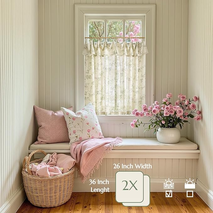 jinchan Floral Linen Kitchen Curtains with Attached Valance 36 Inch Length Farmhouse Cafe Tier Curtains for Living Room Bathroom Rustic Half Window Light Filtering Small Drapes 2 Panels Green