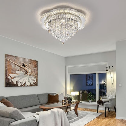 Silver 24" Modern Flush Mount Chandelier for Living Room, LED Crystal Ceiling Light for Bedroom,Elegant Dining Room Lighting Fixture with Remote Control, 3CCT Dimmable