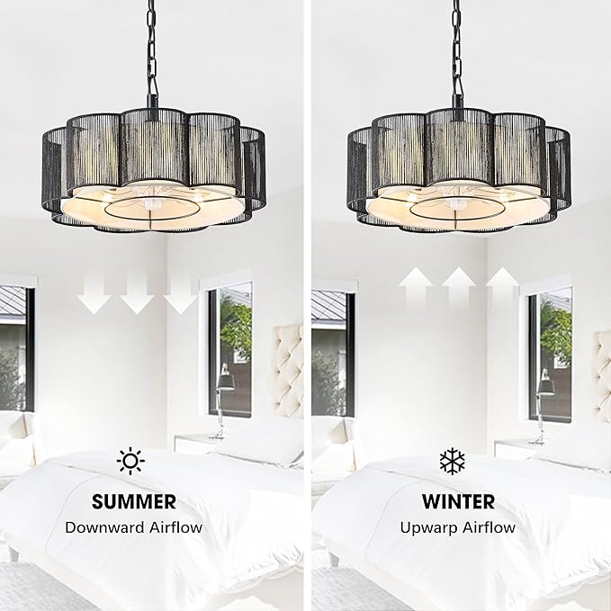 20" Rattan Ceiling Fan, 4-Lights Caged Fandelier Ceiling Fan with Remote and App Control, Drum Lampshade, Boho Chandelier with Fan for Dining Room, Bedroom, Kitchen (Black Farmhouse)