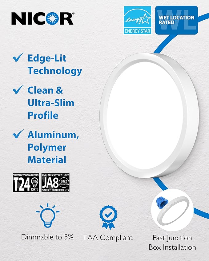 5” Round LED Surface Mount Ceiling Light - Dimmable Ceiling Light for Kitchen - Selectable CCT 2700K-5000K, 615-641 Lumens, 10.4W - DSE Edge-Lit Downlights for Ceiling, White by NICOR Lighting