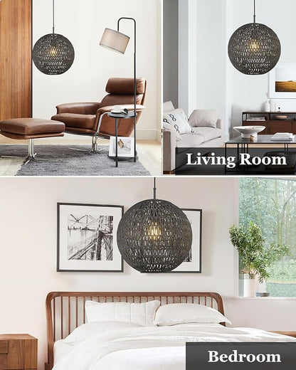 ELYONA Modern Woven Chandelier, 14" Large Boho Rattan Pendant Light Fixtures, Adjustable Globe Wicker Hanging Light for Dining Room Living Room Kitchen Island Farmhouse Foyer Bedroom Hallway, Black