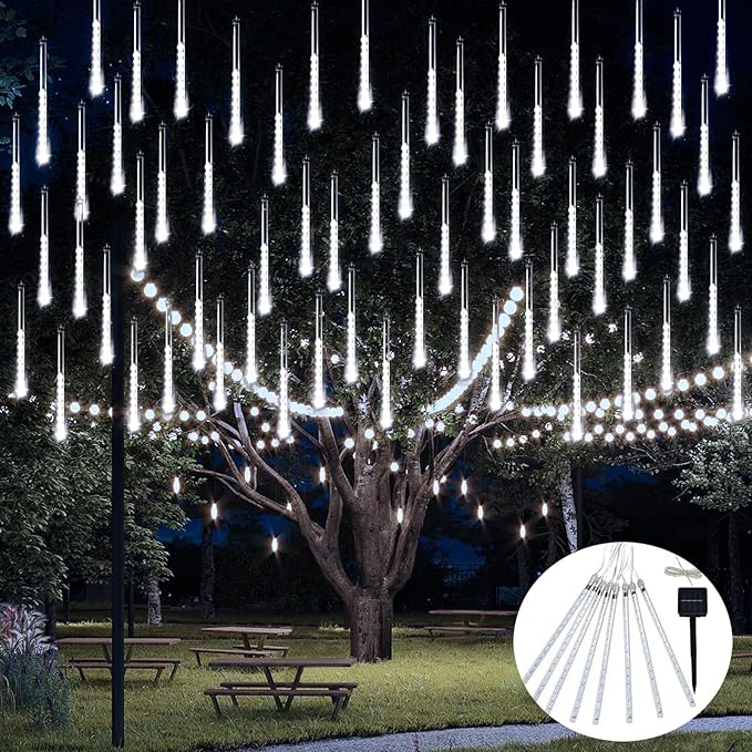 JMEXSUSS White Solar Christmas Lights, 8 Tube 144 LEDs Solar Meteor Shower Lights Outdoor, White Christmas Light for Tree Wedding Xmas Holiday Party Patio GazeboDecor