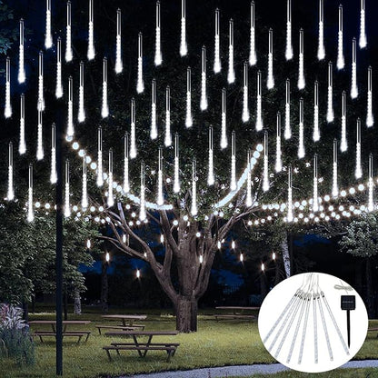 JMEXSUSS White Solar Christmas Lights, 8 Tube 144 LEDs Solar Meteor Shower Lights Outdoor, White Christmas Light for Tree Wedding Xmas Holiday Party Patio GazeboDecor