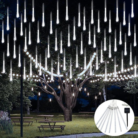 JMEXSUSS White Solar Christmas Lights, 8 Tube 144 LEDs Solar Meteor Shower Lights Outdoor, White Christmas Light for Tree Wedding Xmas Holiday Party Patio GazeboDecor